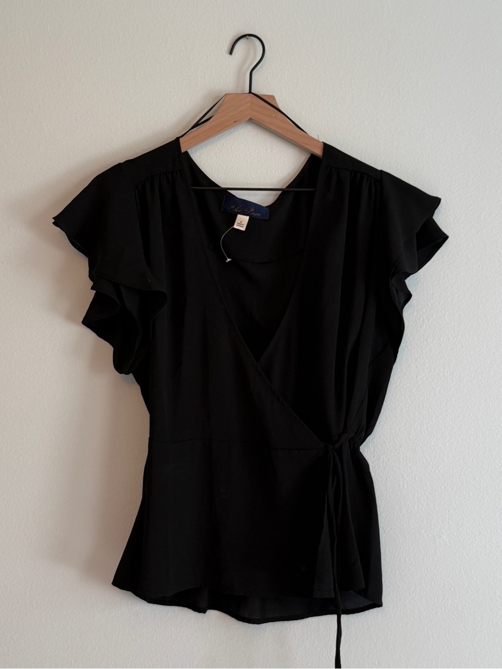 Blue Rain Black Wrap Blouse with Flutter Sleeves